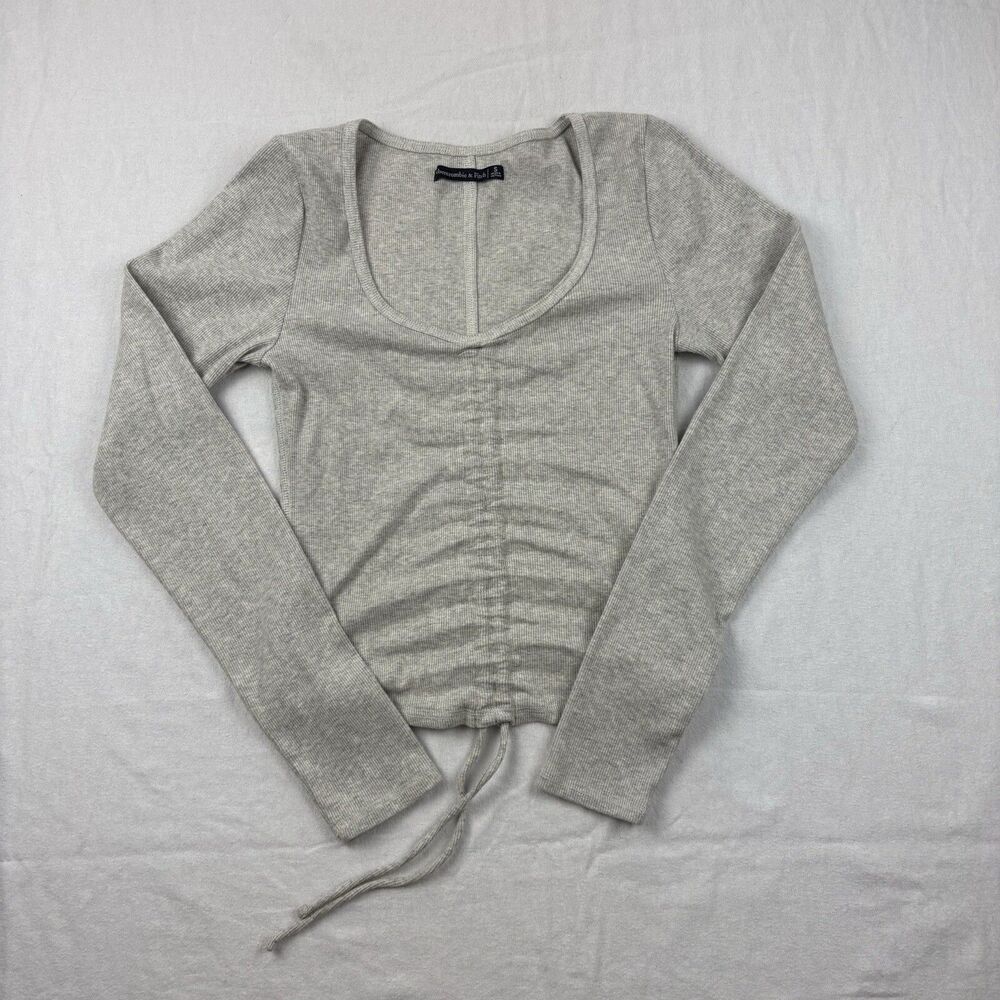 Abercrombie Fitch Ruched Cinched Top Womens S Gray Swoop Neck Long Sleeve
